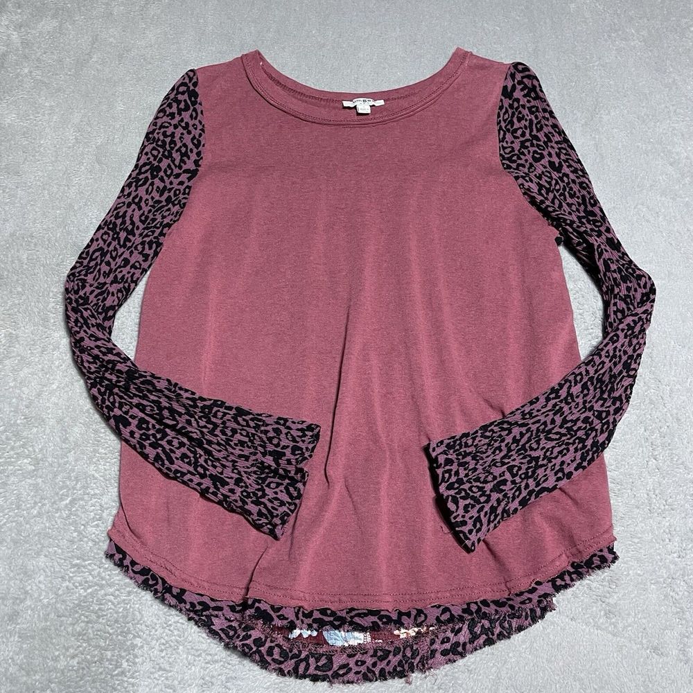 Umgee Women Small Maroon Leopard‎ Floral Mixed Media Long Sleeve Top Boho